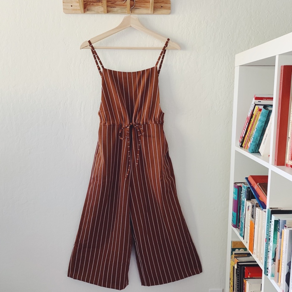 XS Backless & Cropped Striped Square Neck Jumpsuit